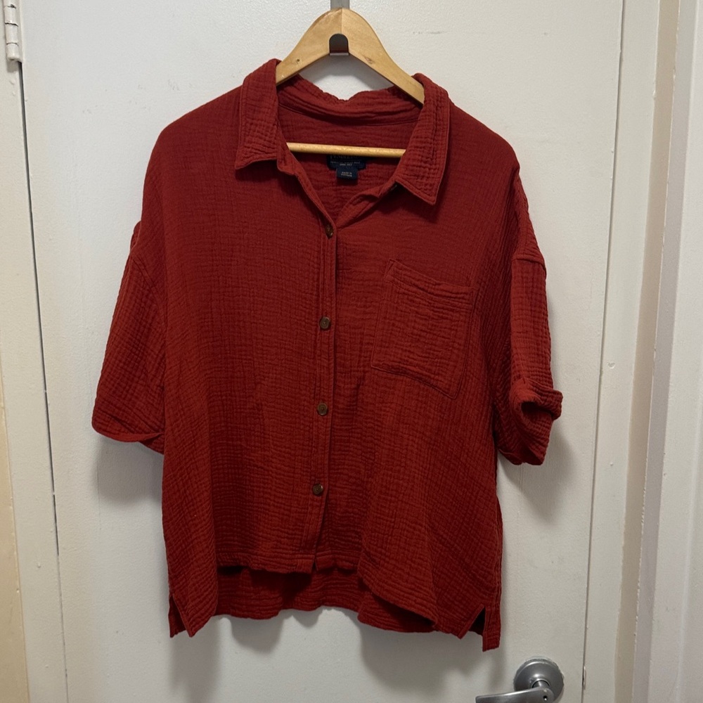 Red Button-Up Camp Style Shirt